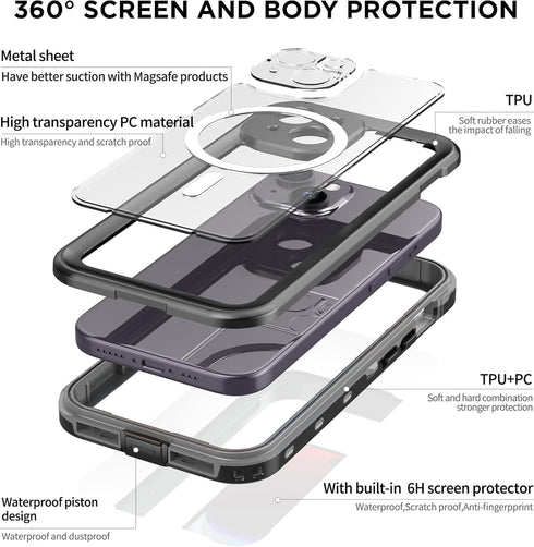 iPhone 15 Mobile Phone Waterproof Case, Built-in scratch resistant & anti-fingerprint Screen Protector,Wireless Charging, Dust,Drop,Snow & WaterPr...
