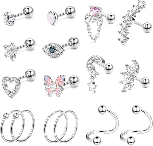 FUNRUN JEWELRY 16G Cartilage Earrings Stud for Women Men Stainless Steel Stud Earrings Hypollergenic CZ Butterfly Heart Helix Tragus Piercing Jewe...