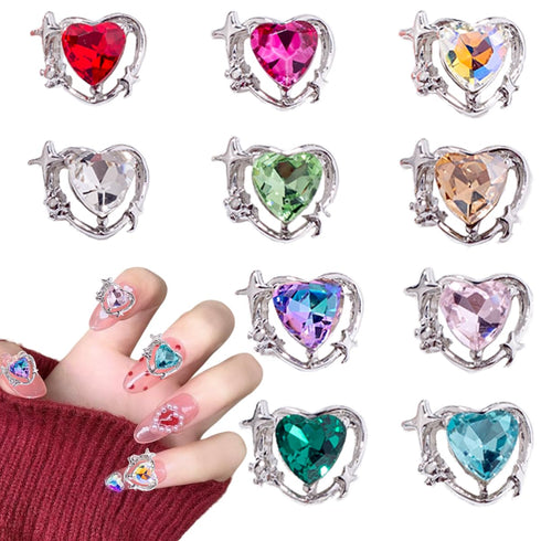 10Pcs Silver Heart Nail Art Charms Rhinestones for Nails Valentine's Day Decals 3D Luxury Love Crystal Nail Rhinestones Gems Love Crystals Diamond...