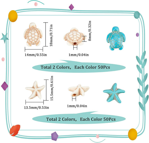 SUNNYCLUE 1 Box 200Pcs Turtle Beads Charm Starfish Beads Bulk Blue White Synthetic Turquoise Sea Ocean Animal Bead Tortoise Summer Hawaii Beaded f...