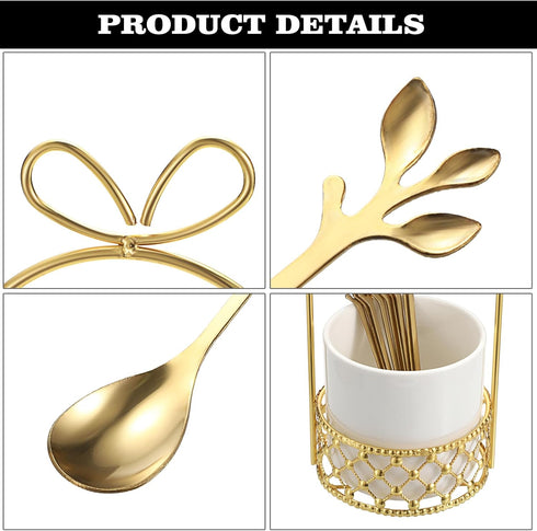 ELLDOO Coffee Spoon Set, White Ceramic Holder with 8 Stainless Steel Gold Leaf Coffee Spoons, Creative Flatware Set for Stirring, Mixing, Sugar, I...