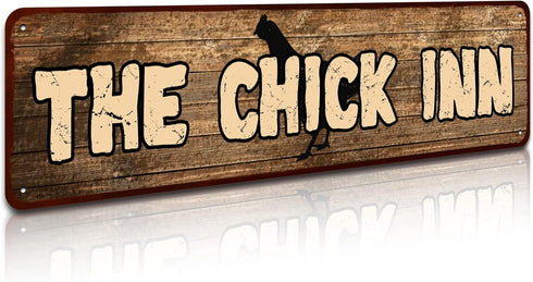Rustic Metal "The Chick Inn" Tin Sign Art Wall Decor Funny Outdoor Garden Farm Signs, Chicken Gifts Coops Farmhouse Decor Hen House 4" by 16"...