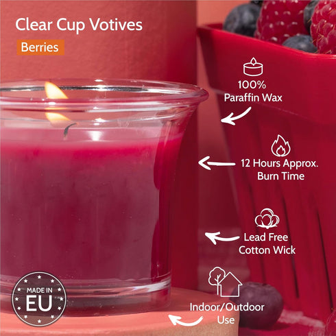 HYOOLA Clear Cup Scented Votive Candles - Berries - 12 Hour Burn Time - 4 Pack - European Made...