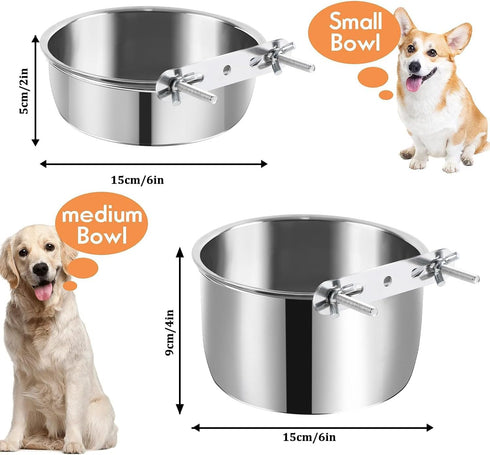2 Pack Dog Water Bowl Crate No Spill Kennel Hanging Cage Food Bowls for Puppy Cat Bunny Stainless Steel Metal Mountable Small&Medium Feeding Dish ...