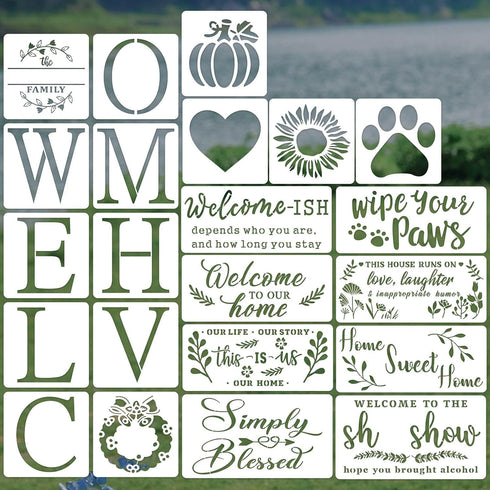 22 Pieces Large Letter Welcome Stencils for Painting on Wood, Reusable Farmhouse Stencil Plastic Wood Burning Stencil Word Painting Stencil Craft ...