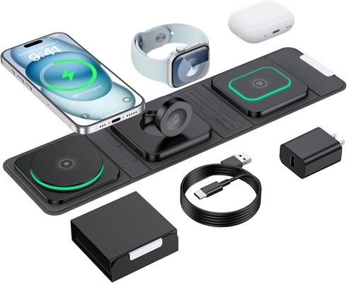 Wireless Charger for iPhone - 3 in 1 Charging Station for Apple Multiple Devices, Foldable Magnetic Mag-Safe Travel Charging Pad for iPhone 15 14 ...