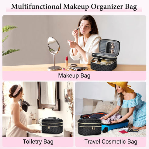 IGOLUMON Travel Makeup Bag Double Layer Make Up Bag Portable Large Cosmetic Bag Wide-open Toiletry Bag for Women Roomy Cosmetic Case Pouch Multifu...