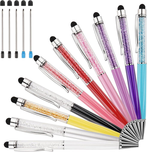 YOUMI 10 pcs 2 in 1 Bling Ballpoint Pens Crystal Diamond Pen Capacitive Touch Screen Stylus with Replacement Refills Black Blue Ink Rubber Tips fo...