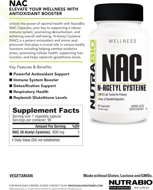 NutraBio N-Acetyl Cysteine Supplement (NAC) - 90 Capsules, 600mg Each - Powerful Anti-Oxidant - Immune Support - Boost Glutathione...