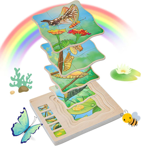 Wooden Puzzles for Kids Ages 4-8, 5 Layers Life Cycle of a Butterfly Montessori Jigsaw Puzzle for Kids, Children Preschool Learning Educational Pu...