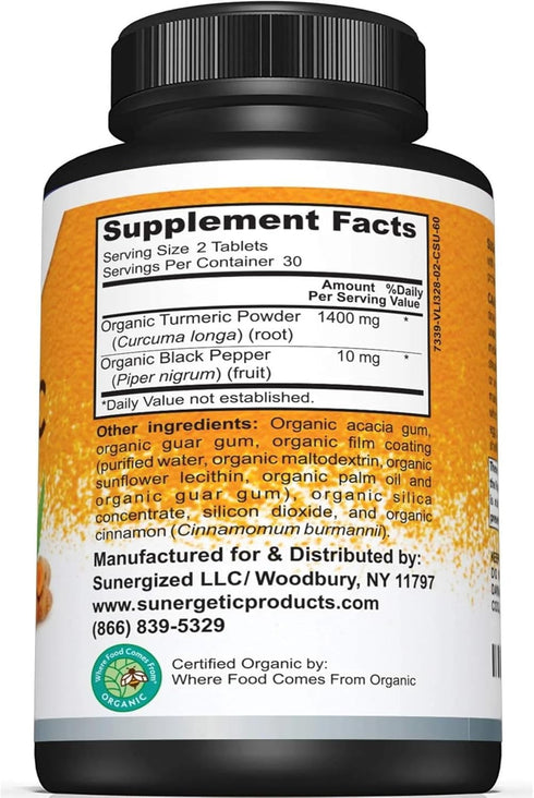 USDA Certified Organic Turmeric Supplement – Includes Organic Turmeric & Organic Black Pepper – 1,400mg of Turmeric per Serving - 60 Count (Pack o...