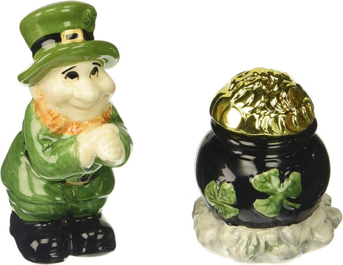 Green Leprechaun and Black Pot of Gold Tone Salt and Pepper...