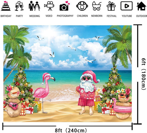 July Christmas Backdrop 8x6FT Tropical Flamingo Palm Tree Hawaiian Photography Background Summer Beach Santa Claus Party Decoration Supplies Photo...