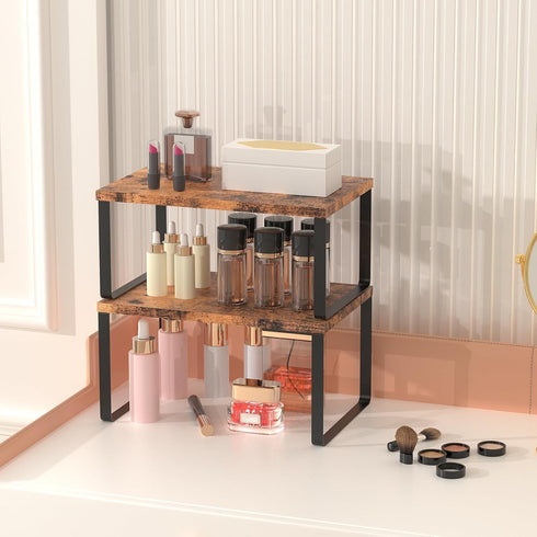 Set of 4 Counter Shelves Kitchen Stackable Cabinet Shelf Wood Organizer Expandable Counter Top Racks Brown Bathroom Counter organizer...