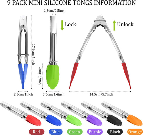 6 Pieces 7 Inch Mini Silicone Tip Tongs Kitchen Serving Tongs Small Metal Locking Tongs for Salad Grilling Cooking, 6 Colors...
