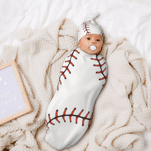 Sport Baseball Lace Pattern Baby Newborn Swaddle Blanket with Beanie Hat Set, 100% Cotton Receiving Blankets Sleep Sack for Boy & Girl Newborn Sho...