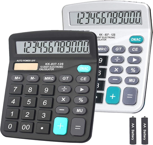 Calculator, BESTWYA Dual Power Handheld Desk Calculator with 12 Digit Large LCD Display Big Sensitive Button (1 Black & 1 Silver)...