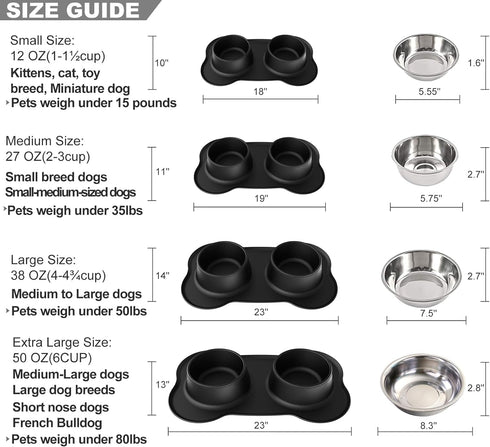 Pet Deluxe Dog Bowls Stainless Steel Dog Bowls with No Spill Skid Resistant Silicone Mat, 24oz 48oz Dog Food and Water Bowl Set Feeder Bowls for S...