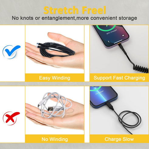 Coiled USB-C to Lightning Cable, Apple Carplay Cord Compatible & MFi Certified, USB C to Lightning Cable with Data Transmission and LED, Retractab...