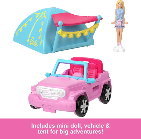 Barbie Mini BarbieLand Doll & Toy Vehicle Sets, 1.5-inch Doll & SUV with Color-Change Surprise & Tent Accessory...