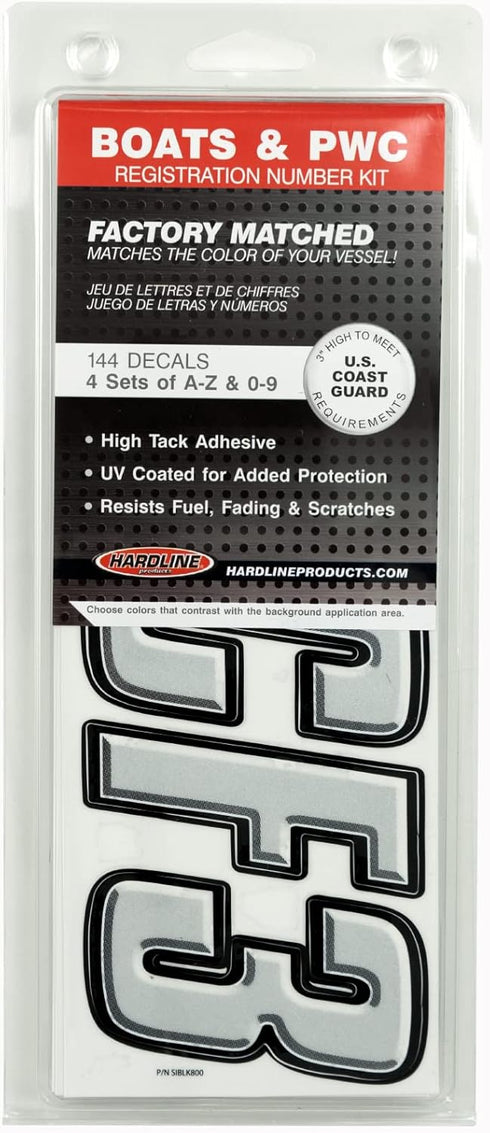 Hardline Products USA Series 800 Factory Matched 3-Inch Boat & PWC Registration Number Kit - Silver/Black - SIBLK800...