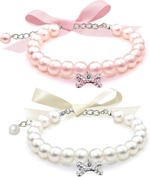 2 Pcs Dog Cat Pearl Collar Necklace with Rhinestone Bone, Fancy Cat Wedding Collar Jewelry for Girl Cat Puppy Dogs Accessories(Pink+White)...