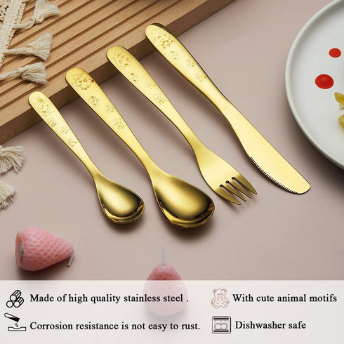 Berglander Gold Toddler Utensils 4 Pieces Golden Titanium Plating Kids Silverware Set, Children Safe Forks and Spoons Flatware, Mirror Polished Sm...