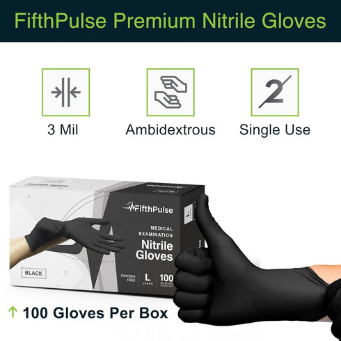FifthPulse Black Nitrile Medical Gloves Medium, 100 Count - Surgical Grade Latex Free Disposable Gloves Medium Rubber Gloves (Guantes Desechables)...