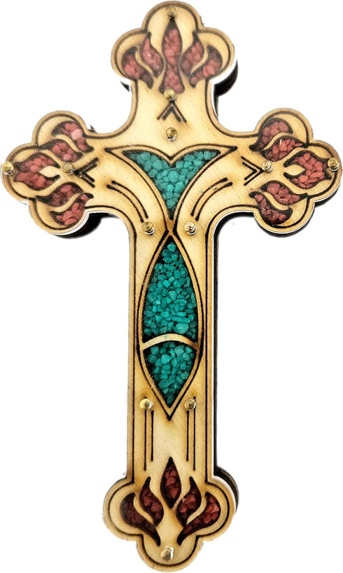 Engraved Wall Cross from Bethlehem Filled with semi Precious Stones from The Holy Land with Stones Card - Fish Style (5 Inches)...
