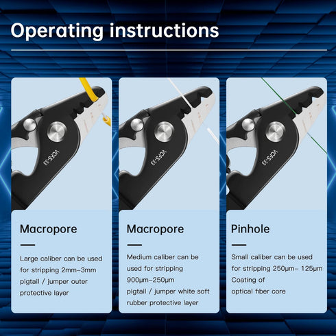 VCFS-33 Fiber Optic Stripper 3 Port Hole Fiber Optic Stripping Tool with 6" handle - Hex Key Adjustable For Jacket, Buffer, and 125?m-250?m Coatin...