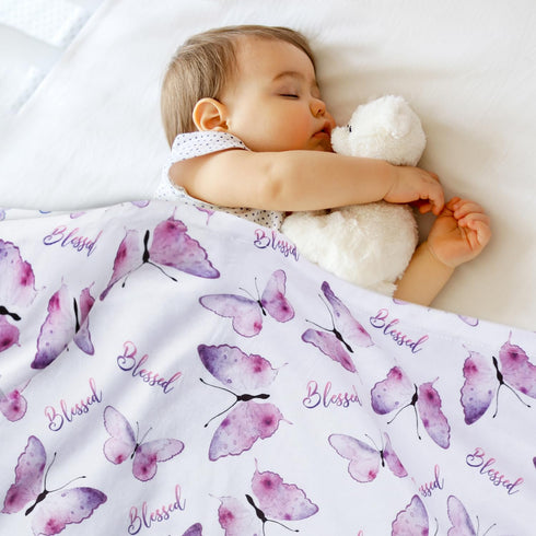 BORITAR Baby Blanket for Girls Soft Plush Minky Fabric, Double Layer Dotted Backing with Elegant Purple Butterfly Printed Blessed Blanket Gift for...