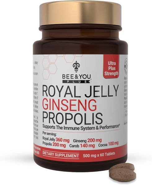 Bee and You Royal Jelly with Ginseng, Propolis Extract, 60ct, 100% Natural Superfood, Ultra Pure, Immune Support Supplement, Antioxidants, Keto, P...