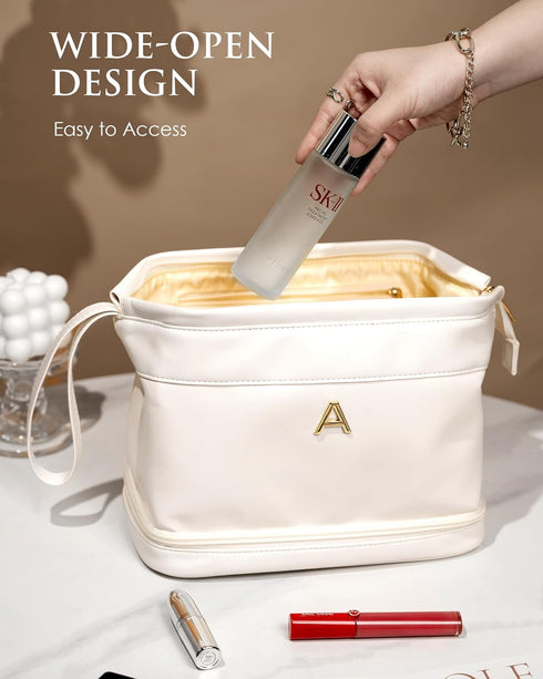 Birthday Gifts for Girls, Initial Large Makeup Bag, Personalized Double Layer Cosmetic Bag with Makeup Brush Organizer, Large Capacity PU Leather ...