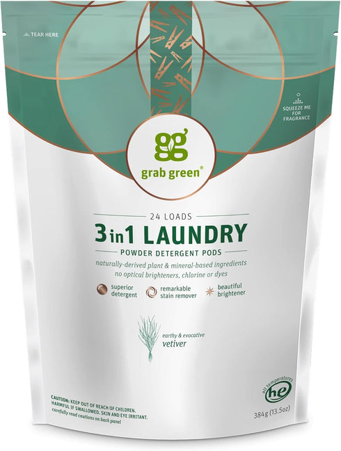 Grab Green 3-in-1 Laundry Detergent Pods, 24 Count, Vetiver Scent, Plant and Mineral Based, Superior Cleaning Power, Stain Remover, Brightens Clot...