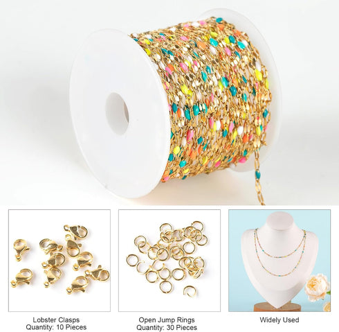 Kyutong 16.4 Feet Gold Plated Stainless Steel Chain Necklace Colorful Enamel Beaded Chains Bulk Thin Lip Chain Link with Lobster Clasps Jump Rings...