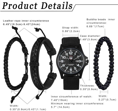 Avaner Men's Bracelet Watch Set, 4 Pcs Wrist Watch Bracelet Set, Military Nylon Strap Quartz Watch Black Leather Bracelets Set for Men...