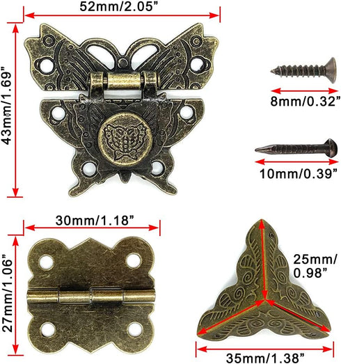 2 Sets Antique Wood Case Chest Box Hasp Latch Lock Retro Decorative Hinges and Box Corner Protectors with Screws Hardware Kit for Jewelry Box Deco...