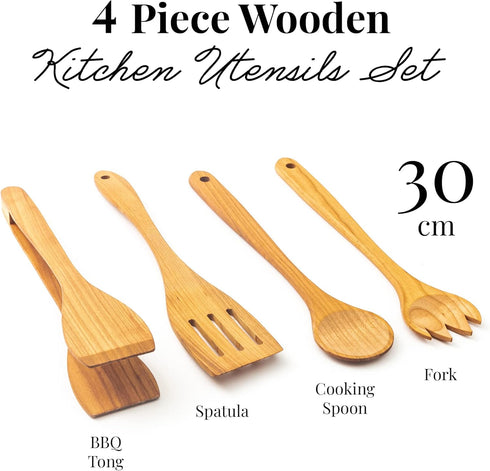 tuuli Kitchen - 4-Piece Wooden Cooking Utensils Set, Solid Cherry Wood (BBQ Tongs, Kitchen Spoon, Fork and Spatula), Durable Wooden Utensils for E...