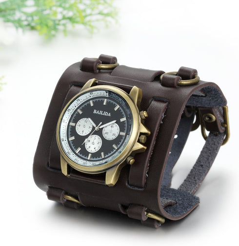 JewelryWe Black Brown Hip-hop Gothic Punk Style Men Watch Wide Leather Fashion Cuff Wristwatch for Valentine’s Day...