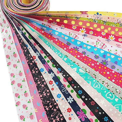 Assorted 20 Yards Grosgrain Ribbon Bow Daisy Butterfly Cake Love Heart Dots Flower Rose Smile Face Craft DIY Packing Hair Bow Accessory...