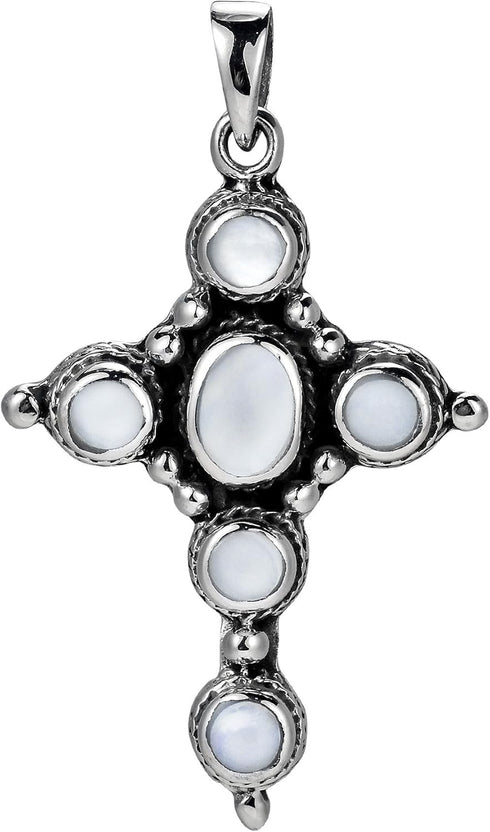 AeraVida Refined Classy White Mother of Pearl Inlay Circle of Faith Cross Unisex .925 Sterling Silver Pendant...