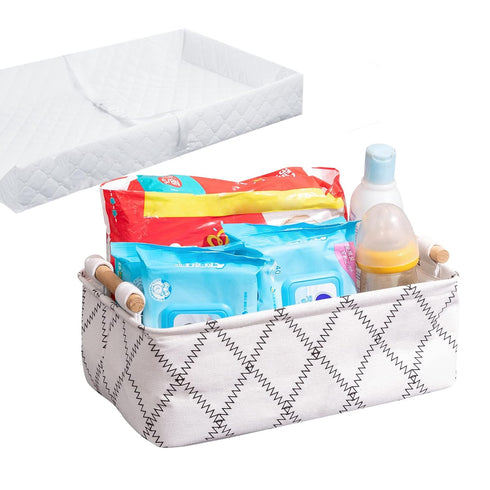Decorative Collapsible Rectangular Fabric Storage Bin Organizer Basket with Wooden Handles for Clothes Storage,15.4x10.6x5.1 inch,White...