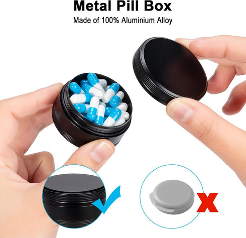 Portable Pill Box Metal Pill Case - Single Waterproof Pill Container for Purse & Pocket Travel Pillbox, Daily Round Aluminium Medicine Organizer H...
