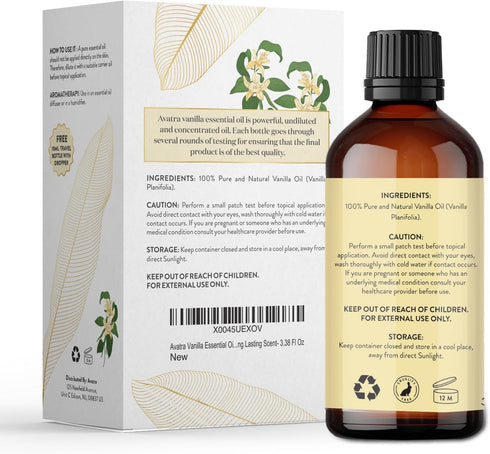 Avatra Vanilla Essential Oil for Diffuser, Skin, & Aromatherapy | Natural & Undiluted Oil for Soap & Candle Making | Long Lasting Scent- 3.38 Fl O...