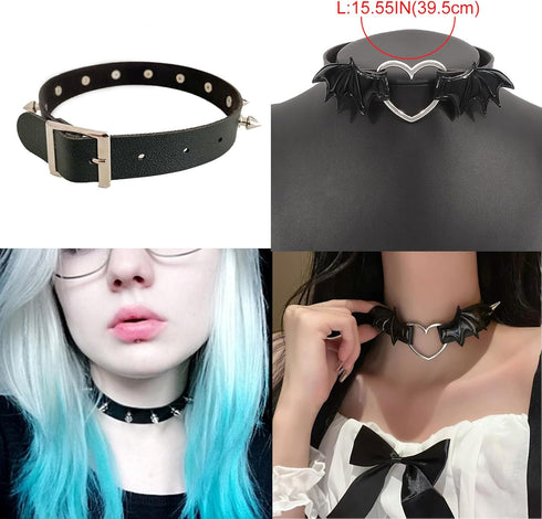 4Pcs Halloween Cool Steampunk Heart Shaped Rock Rivet PU Leather Choker Collar Necklace Punk Leather Necklaces Gothic Collar Necklace Halloween Co...