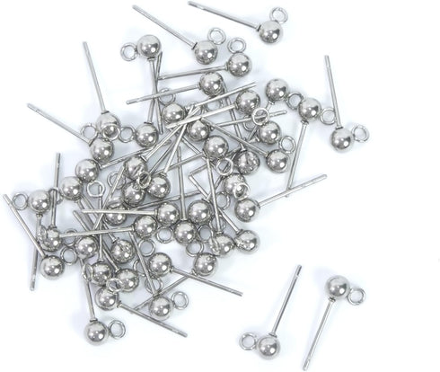 ALL in ONE 100pcs Wholesale Stainless Steel Earring Hooks Findings for DIY Jewelry Making (4mm Solid Ball Post with Loop)...