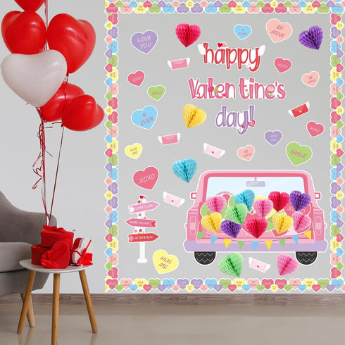 TaoBary 85 Pcs Valentine's Day Bulletin Board Set 3D Heart Honeycomb Owl Love Truck Bulletin Board Cutouts Valentine's Day Classroom Decorations f...