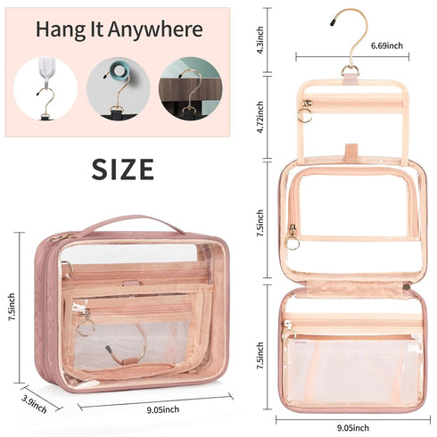 CUBETASTIC Clear Cosmetic Bags, Hanging Toiletry Bag for Travelling, Transparent Makeup Organizer Case, Water-resistant Portable Skncare Storage P...