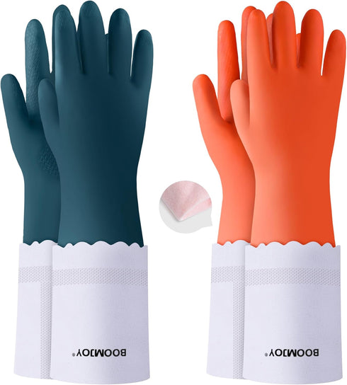 BOOMJOY PVC Cleaning Gloves with Lining, Long Cuff Dripguard Dishwashing Gloves Heavy Duty, Reusable Large Gloves for Kitchen, Bathroom, Gardening...