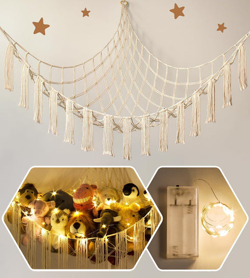 Stuffed Animal Storage Hammock Corner X-Large with LED Light - Baby Hammock Hanging Holder Plushies Net for Stuff Animals Organizer - Cute Room De...